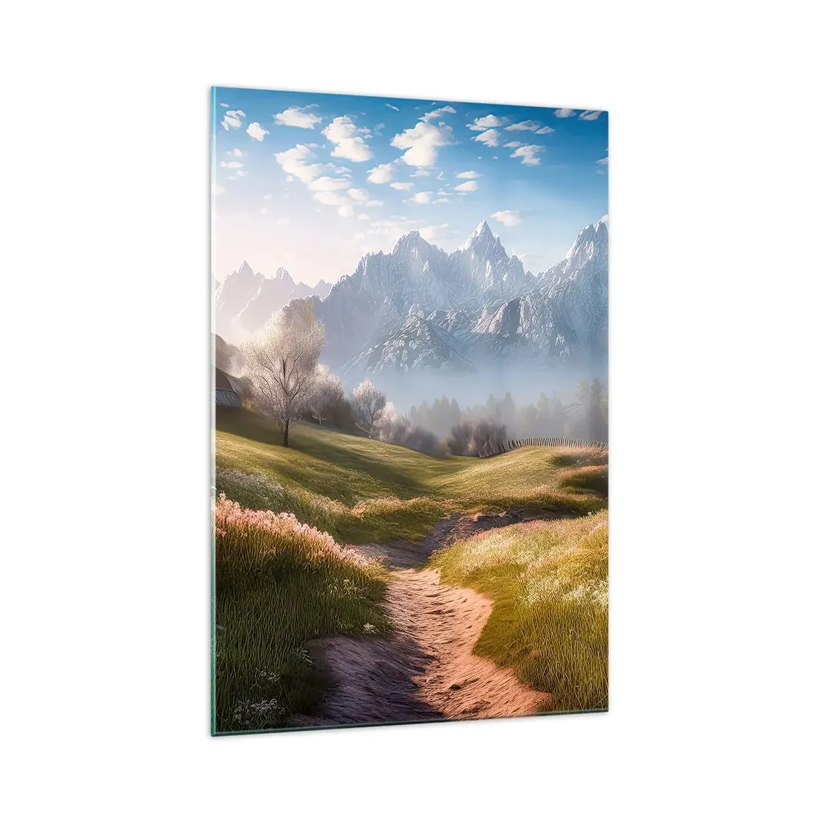 Obraz na szkle - Górska dolina z łąkami, chatami i widokiem na szczyty - 70x100cm - Sielska dolina - Nowoczesna dekoracja ścienna do salonu i sypialni ARTTOR