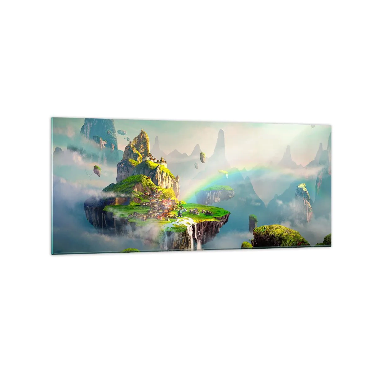 Obraz na szkle - Latające wyspy wśród chmur z tęczą na horyzoncie - 120x50cm - Śródniebie - wyspy szczęśliwe - Nowoczesna dekoracja ścienna do salonu i sypialni ARTTOR