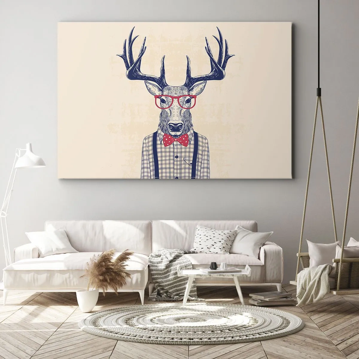 Obraz na płótnie - Stylizowana grafika jelenia w okularach i muszce - 70x50cm - Zabawna ekstrawagancja - Nowoczesna dekoracja ścienna do salonu i sypialni ARTTOR