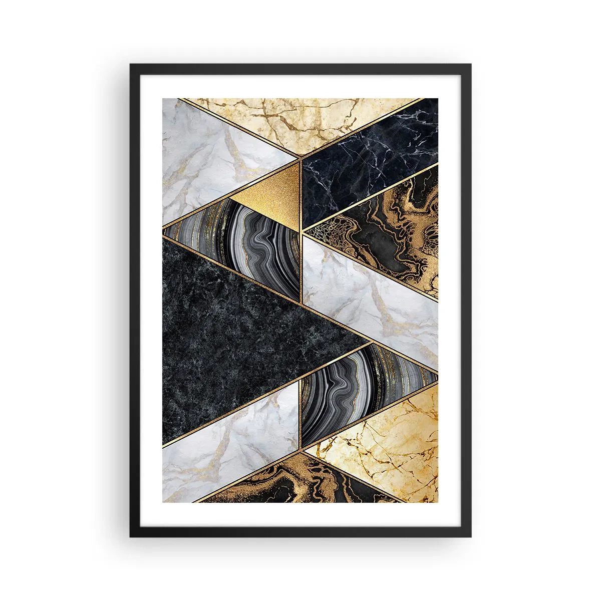 Plakat w czarnej ramie - Geometria marmuru w odcieniach złota, czerni i bieli - 50x70cm - Kamień przy kamieniu - Nowoczesna dekoracja ścienna do salonu i sypialni ARTTOR