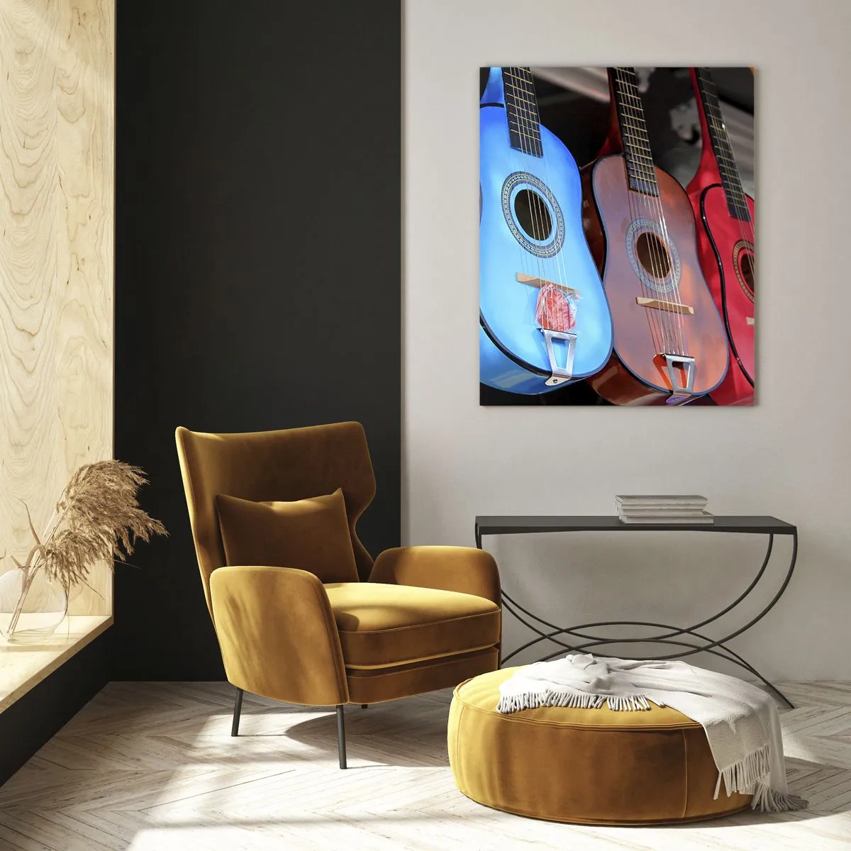 Obraz na szkle - Kolorowe gitary wiszące w rzędzie na wystawie - 50x70cm - Latynoskie klimaty - Nowoczesna dekoracja ścienna do salonu, kuchni i sypialni ARTTOR