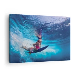 Obraz na płótnie - Surferka pod wodą w dynamicznej kompozycji w odcieniach błękitu - 70x50cm - Głębia radości - Nowoczesna dekoracja ścienna do salonu i sypialni ARTTOR