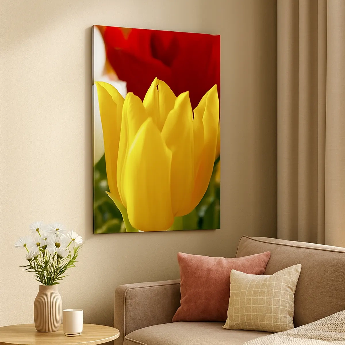 Obraz na płótnie - Żółty tulipan na tle czerwonych i białych kwiatów - 50x70cm - Tulipanowa gorączka - Nowoczesna dekoracja ścienna do salonu, kuchni i sypialni ARTTOR