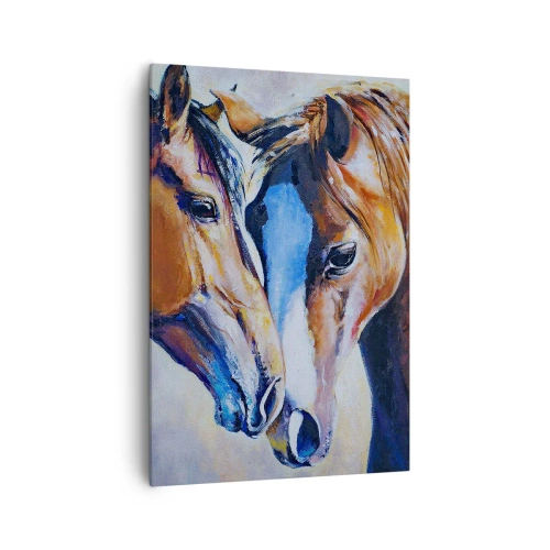 Obraz na płótnie - Malarskie przedstawienie dwóch koni w przyjacielskiej scenerii - 70x100cm - Czy to jest przyjaźń? czy to jest kochanie? - Nowoczesna dekoracja ścienna do salonu i sypialni ARTTOR