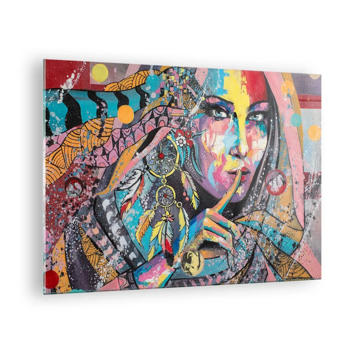 Obraz na szkle - Kolorowy portret kobiety z motywami etnicznymi i piórami - 70x50cm - Milcz, aż zrozumiesz - Nowoczesna dekoracja ścienna do salonu i sypialni ARTTOR