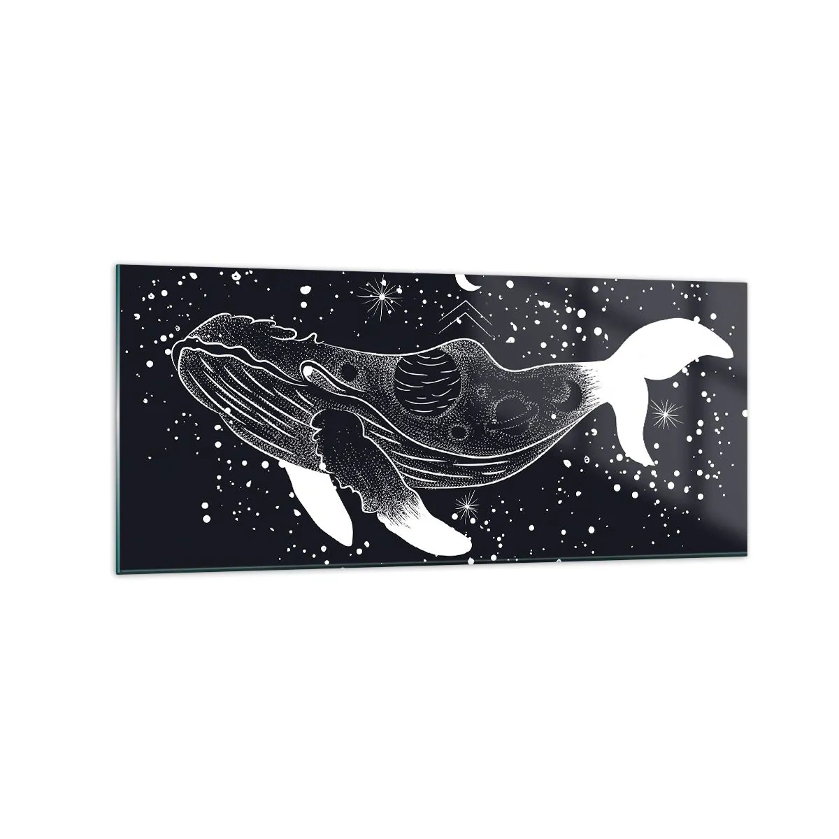 Obraz na szkle - Graficzna ilustracja wieloryba w kosmicznym stylu - 120x50cm - W oceanie wszechświata - Nowoczesna dekoracja ścienna do salonu i sypialni ARTTOR