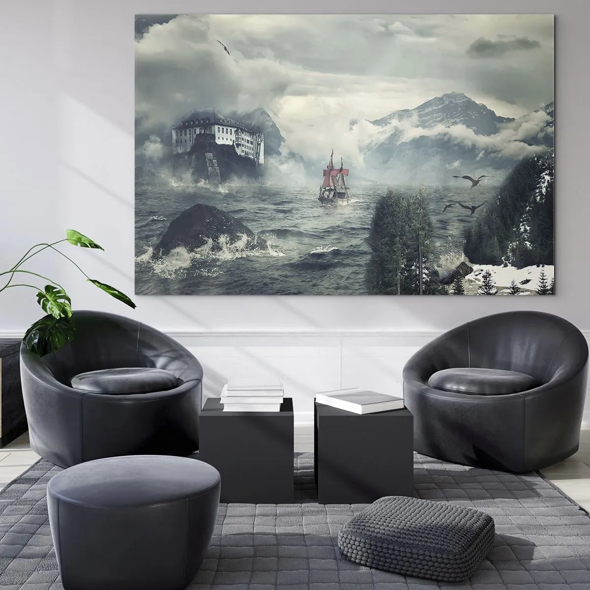 Obraz na szkle - Statek na wzburzonym morzu z zamkiem w tle - 70x50cm - Na magicznych wodach - Nowoczesna dekoracja ścienna do salonu i sypialni ARTTOR