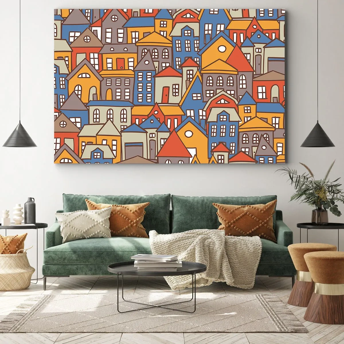 Obraz na płótnie - Kolorowe domki w stylu graficznym na jasnym tle - 100x70cm - Za domem dom - Nowoczesna dekoracja ścienna do salonu, kuchni i sypialni ARTTOR