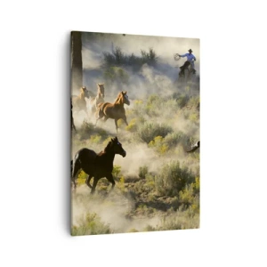 Obraz na płótnie - Konie i kowboj w akcji na prerii - 50x70cm - Rywalizacja - wolność czy męska siła? - Nowoczesna dekoracja ścienna do salonu, kuchni i sypialni ARTTOR
