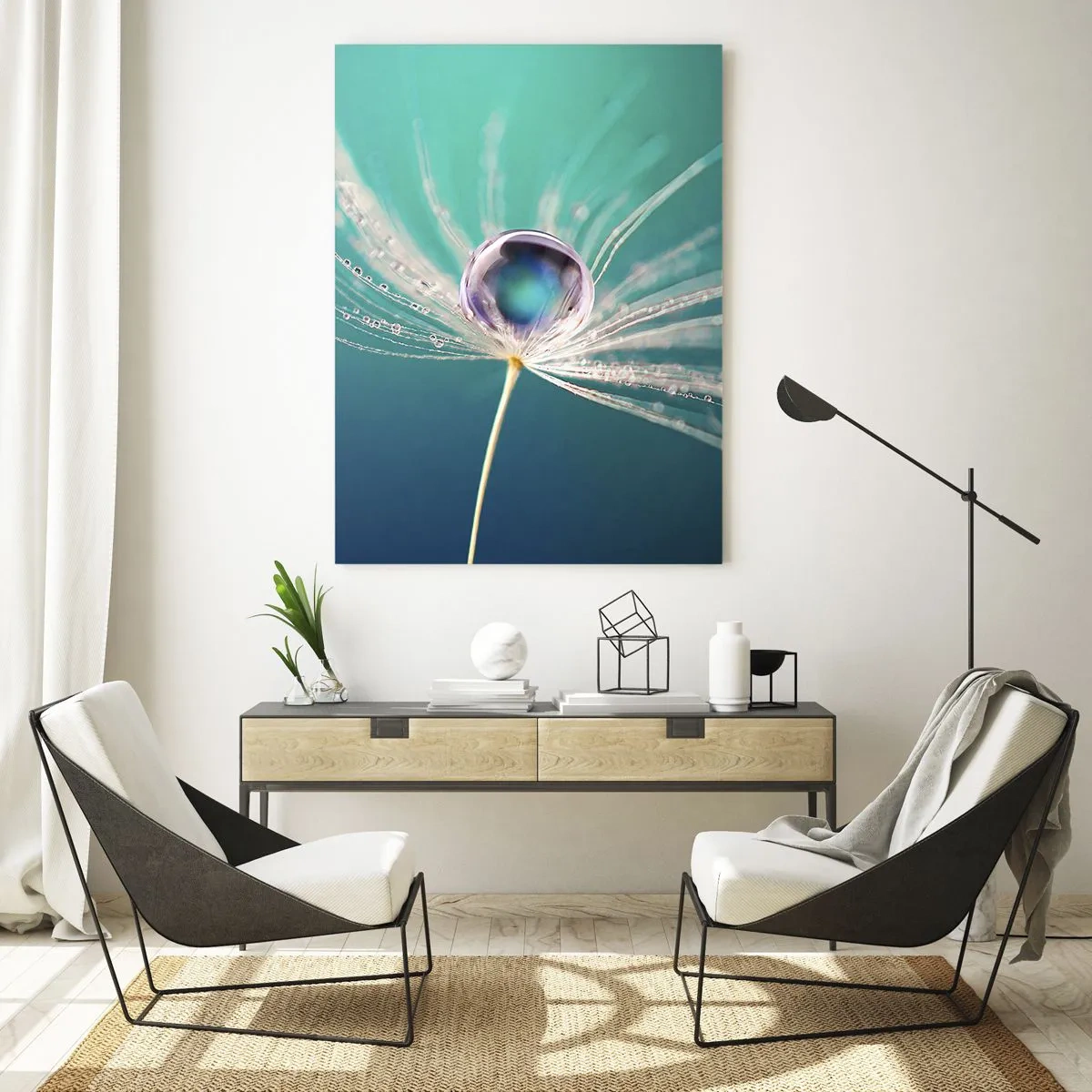Obraz na szkle - Makrofotografia nasionka dmuchawca z kroplą rosy na turkusowym tle - 50x70cm - Mistyczna chwila - Nowoczesna dekoracja ścienna do salonu, kuchni i sypialni ARTTOR