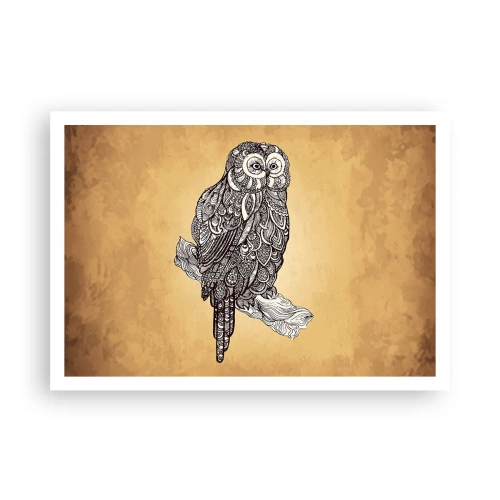 Plakat - Sowa w ornamentalnym stylu na tle w odcieniach beżu - 100x70cm - Misterne ornamenty mądrości - Nowoczesna dekoracja ścienna do salonu i sypialni ARTTOR