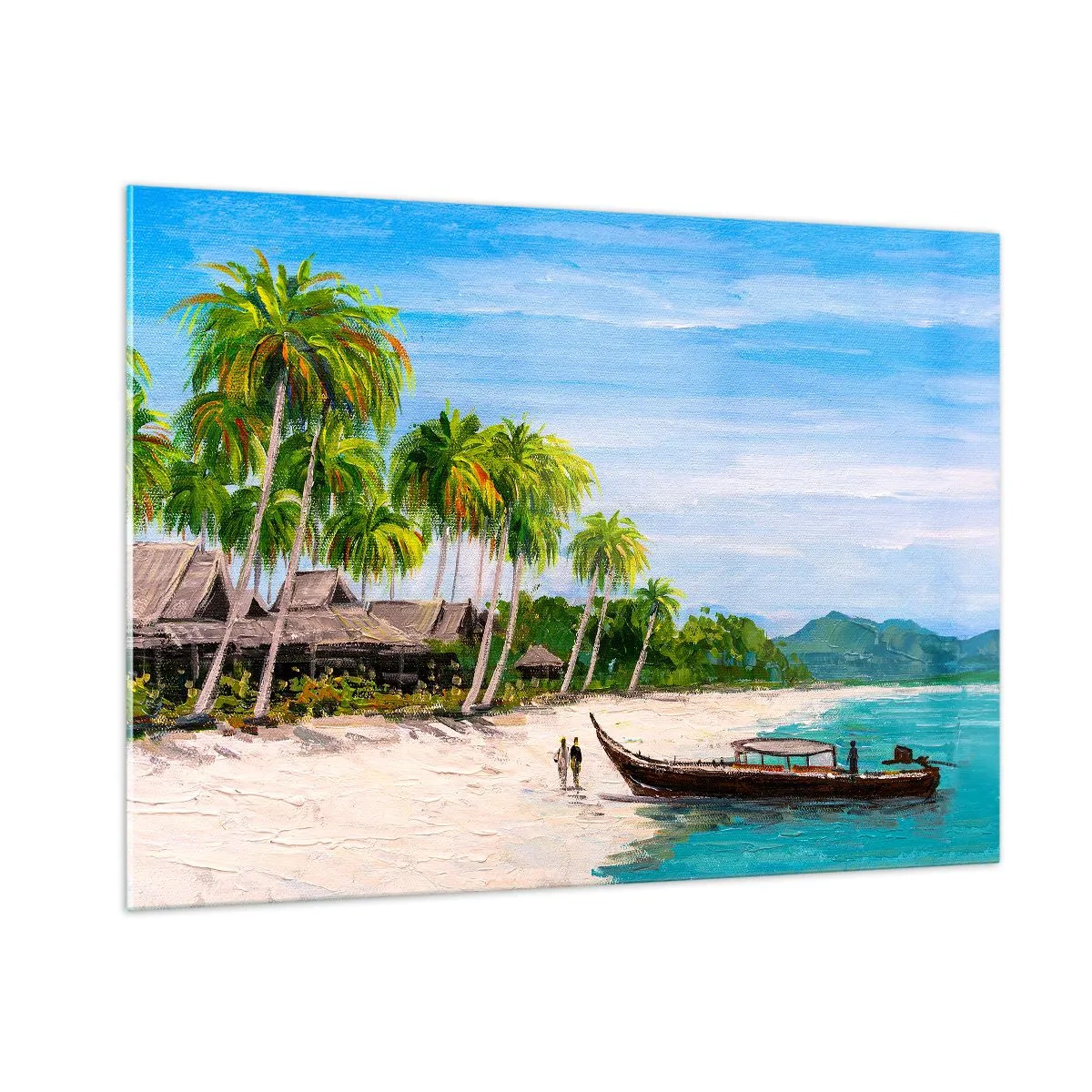 Obraz na szkle - Tropikalna plaża z łodzią i palmami przy tradycyjnych chatkach - 100x70cm - Egzotyczny sen - Nowoczesna dekoracja ścienna do salonu, kuchni i sypialni ARTTOR