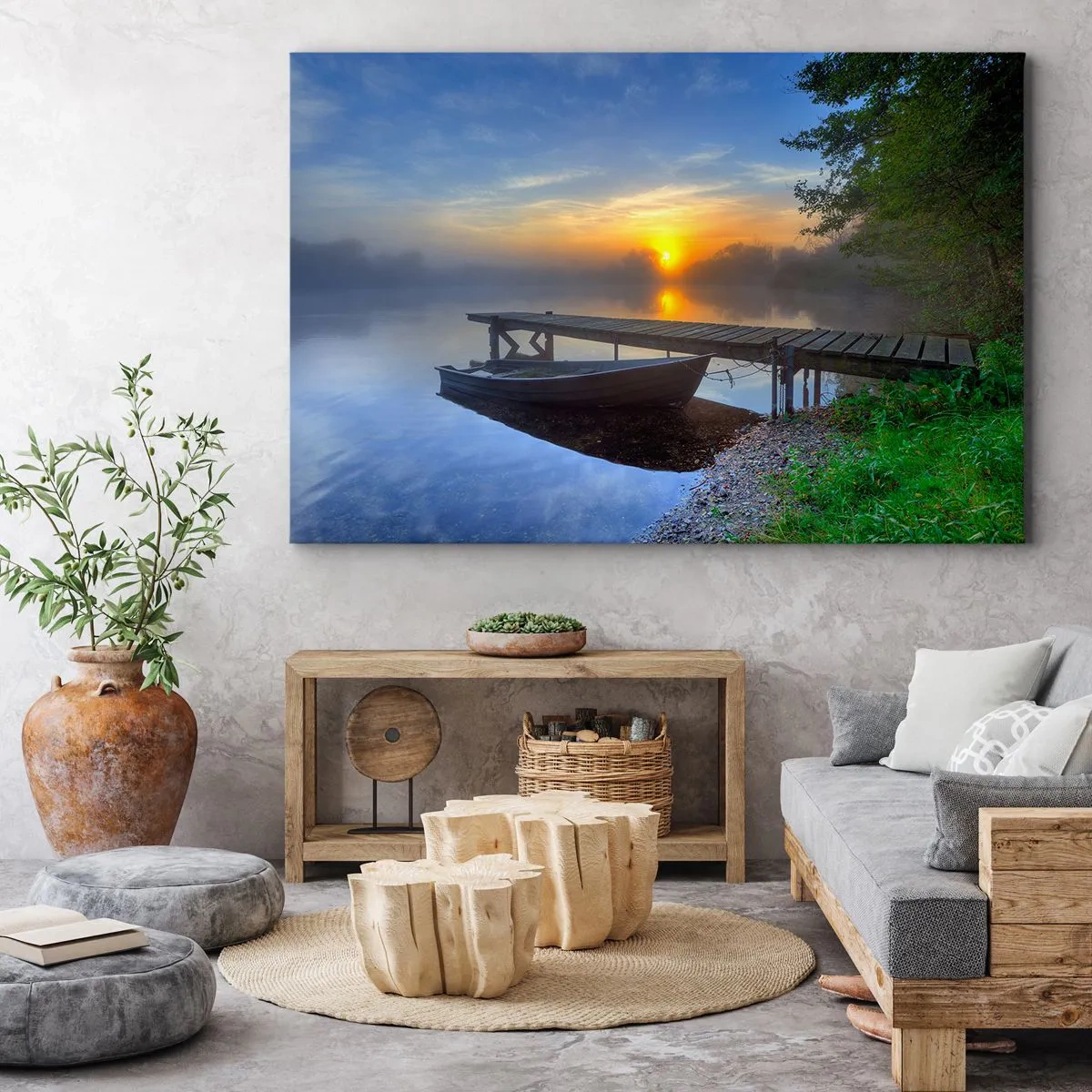 Obraz na płótnie - Pomost nad jeziorem o wschodzie słońca z łodzią przy brzegu - 70x50cm - Jak zwyczajne zamienia się w magiczne - Nowoczesna dekoracja ścienna do salonu i sypialni ARTTOR