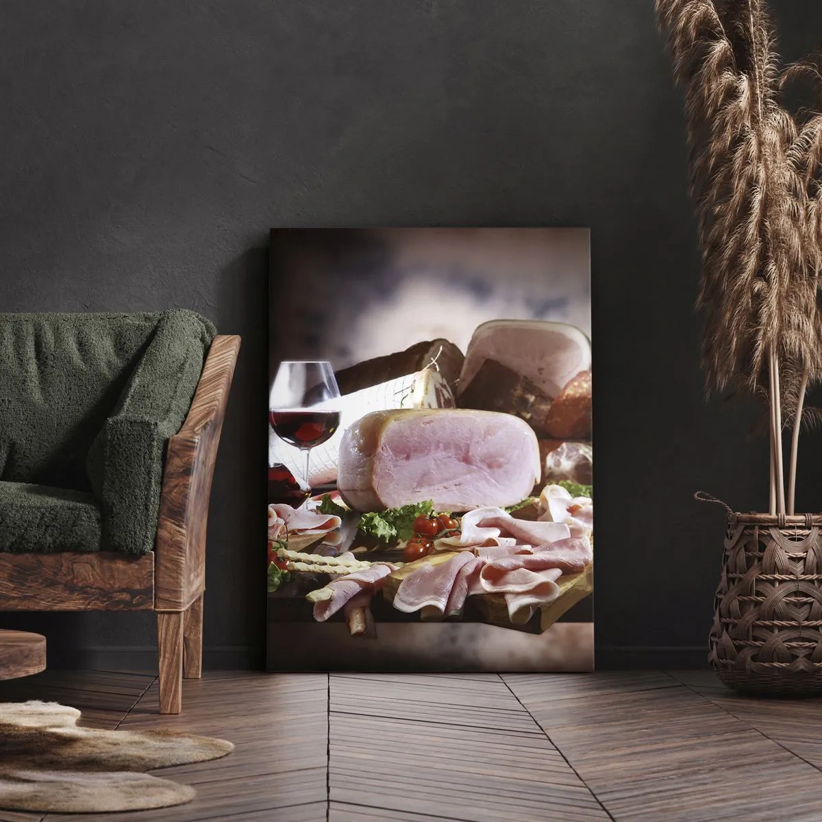 Obraz na płótnie - Wędliny z winem na rustykalnym tle - 70x100cm - Kulinarne marzenie z karafką - Nowoczesna dekoracja ścienna do salonu i sypialni ARTTOR