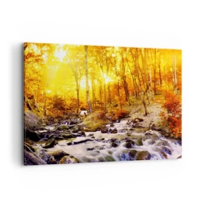 Obraz na płótnie - Jesienny las z potokiem wśród złotych liści - 100x70cm - Kamienie oprawne w złoto i platynę - Nowoczesna dekoracja ścienna do salonu, kuchni i sypialni ARTTOR