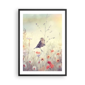 Plakat w czarnej ramie - Ptak na łące w delikatnych pastelowych kolorach - 50x70cm - Ptasi portret z łąką w tle - Nowoczesna dekoracja ścienna do salonu i sypialni ARTTOR