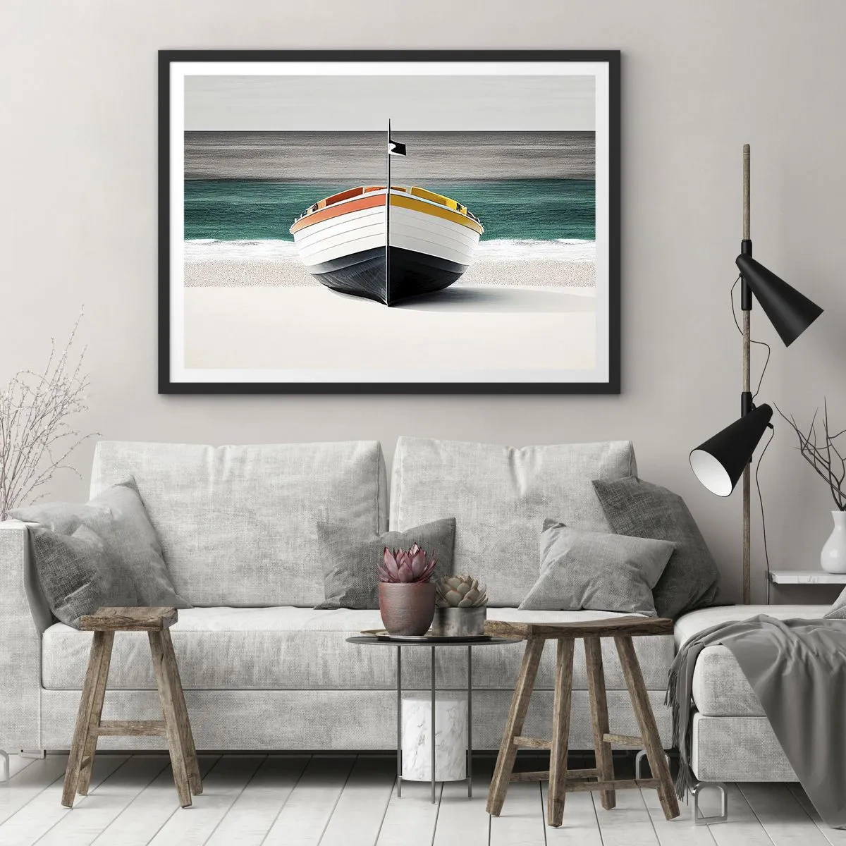 Plakat w czarnej ramie - Łódź na plaży z turkusowym morzem w tle - 70x50cm - Na swoim miejscu - Nowoczesna dekoracja ścienna do salonu i sypialni ARTTOR