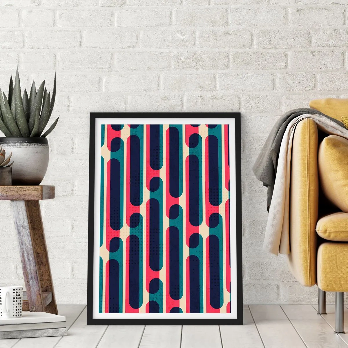Plakat w czarnej ramie - Geometryczny wzór w odcieniach czerwieni i niebieskiego - 50x70cm - W głąb i do przodu - Nowoczesna dekoracja ścienna do salonu i sypialni ARTTOR