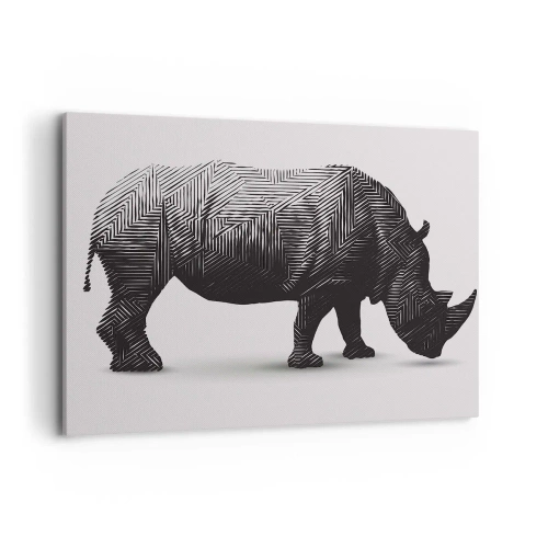 Obraz na płótnie - Graficzna sylwetka nosorożca w czarno-białym wzorze - 100x70cm - Geometryczne piękno natury - Nowoczesna dekoracja ścienna do salonu, kuchni i sypialni ARTTOR