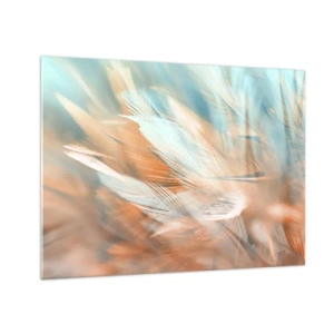 Obraz na szkle - Delikatne pióra w pastelowych odcieniach turkusu i brzoskwini - 70x50cm - W krainie łagodności - Nowoczesna dekoracja ścienna do salonu i sypialni ARTTOR