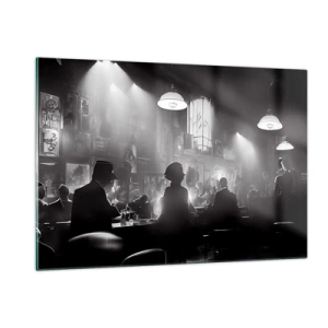 Obraz na szkle - Czarno-biała scena jazzowa w klubowym wnętrzu - 120x80cm - W jazzowym klimacie - Nowoczesna dekoracja ścienna do salonu, kuchni i sypialni ARTTOR