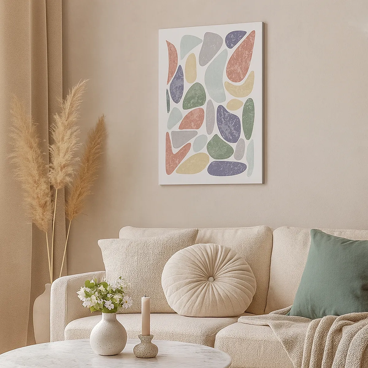 Obraz na płótnie - Kolorowa abstrakcyjna kompozycja z nieregularnymi pastelowymi kształtami - 50x70cm - Mozaika pudrowanych barw - Nowoczesna dekoracja ścienna do salonu, kuchni i sypialni ARTTOR