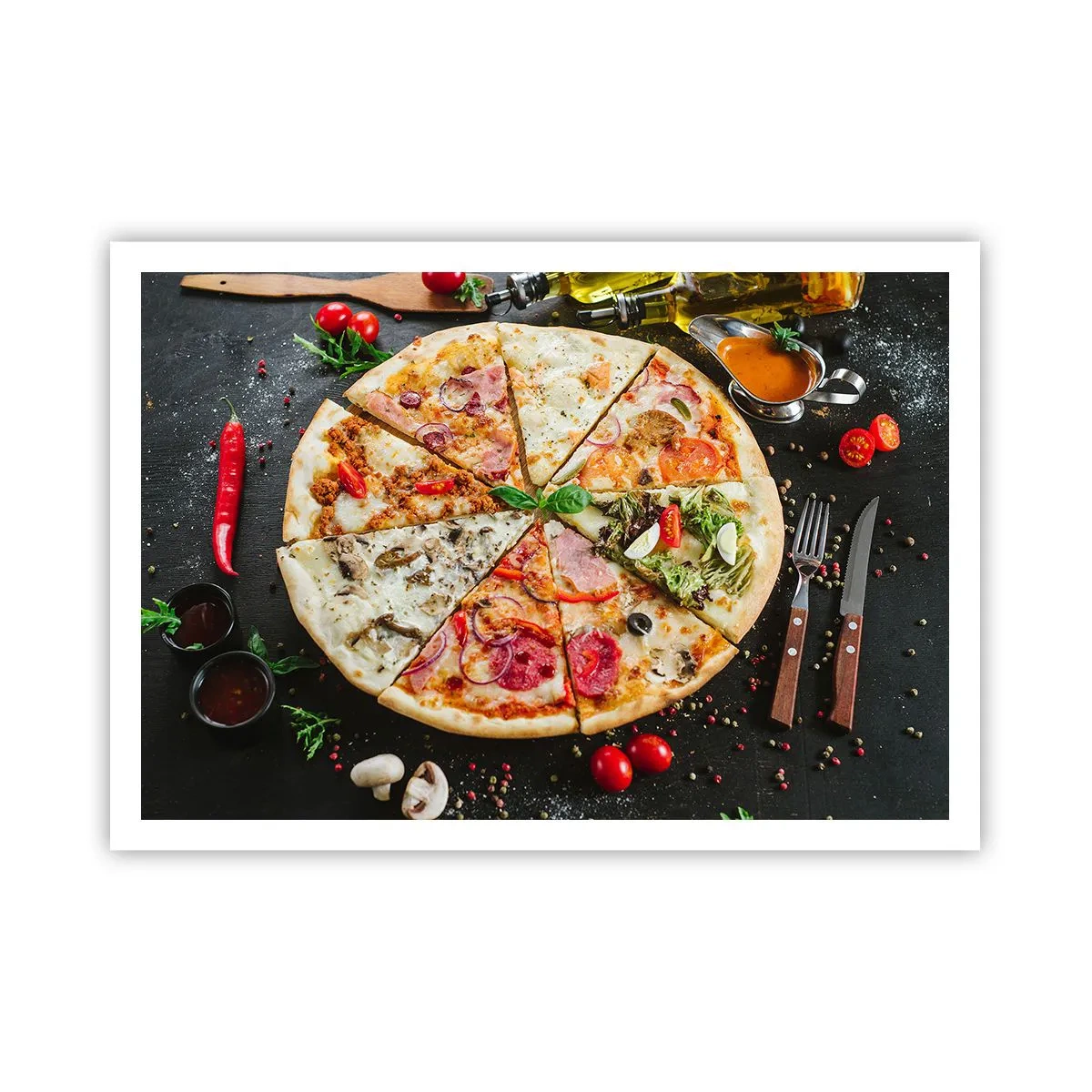 Plakat - Pizza w różnych smakach na tle z dodatkami - 100x70cm - Wachlarz smaków - Nowoczesna dekoracja ścienna do salonu i sypialni ARTTOR