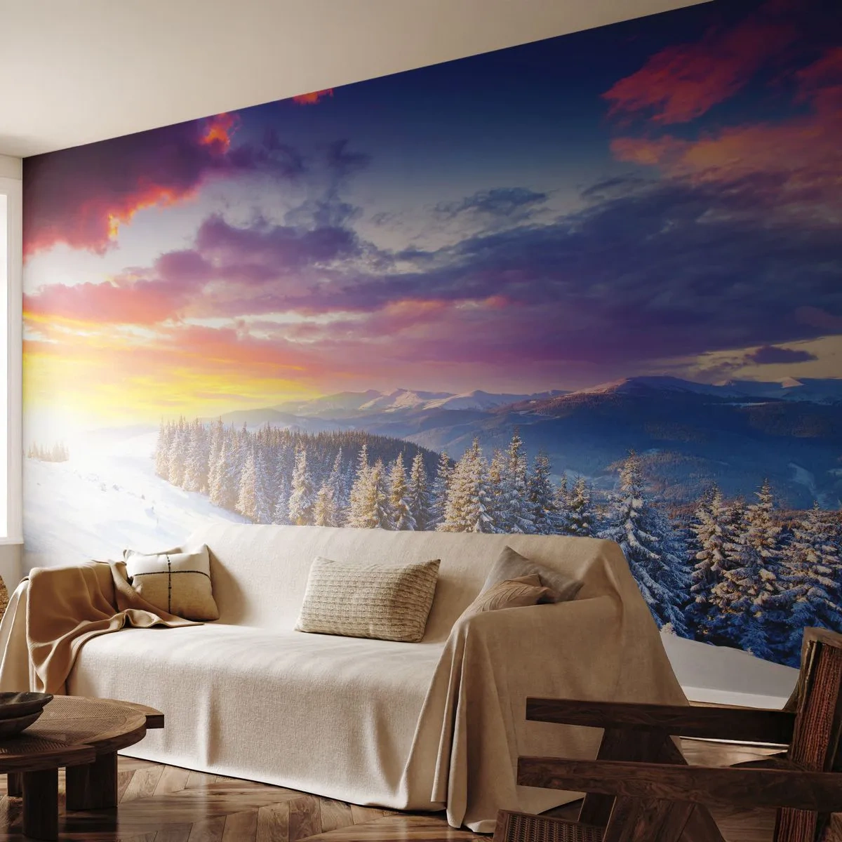 Fototapeta Premium Sand - Zimowy krajobraz górski o zachodzie słońca - 100x70cm - W biały dzień - Nowoczesna dekoracja ścienna do salonu, kuchni i sypialni ARTTOR