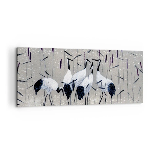 Obraz na płótnie - Czaple wśród traw na spokojnym tle - 120x50cm - Wśród swoich - Nowoczesna dekoracja ścienna do salonu i sypialni ARTTOR