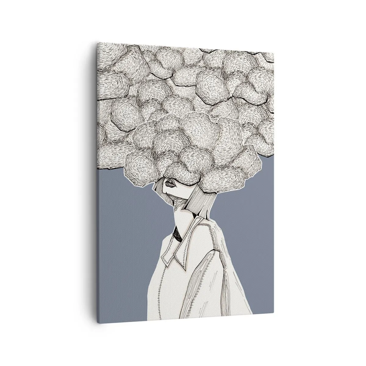 Obraz na płótnie - Grafika kobiety z głową ukrytą w chmurach na niebieskim tle - 50x70cm - Z głową w chmurach - Nowoczesna dekoracja ścienna do salonu, kuchni i sypialni ARTTOR