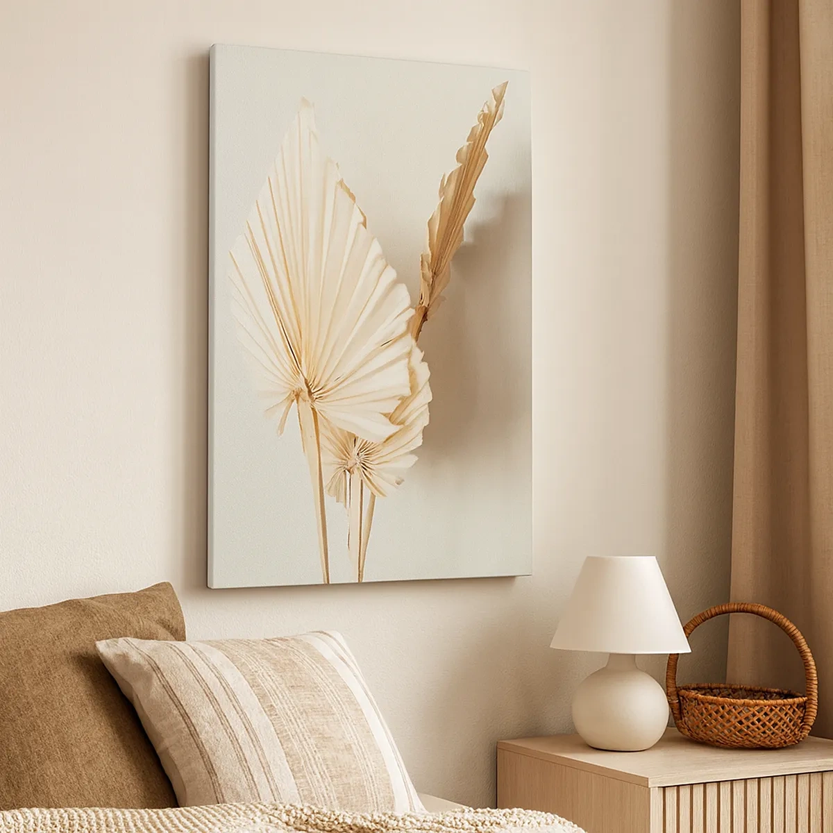 Obraz na płótnie - Suszone liście palmowe w neutralnych odcieniach beżu i brązu - 50x70cm - Gdy potrzebne ukojenie - Nowoczesna dekoracja ścienna do salonu, kuchni i sypialni ARTTOR