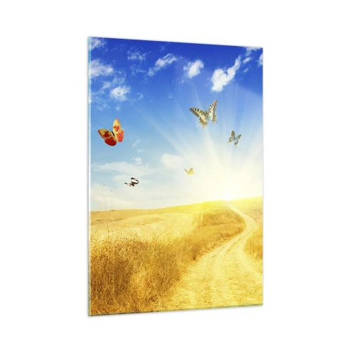 Obraz na szkle - Motyle unoszące się nad polną drogą o wschodzie słońca - 50x70cm - I jak tu nie kochać lata? - Nowoczesna dekoracja ścienna do salonu, kuchni i sypialni ARTTOR