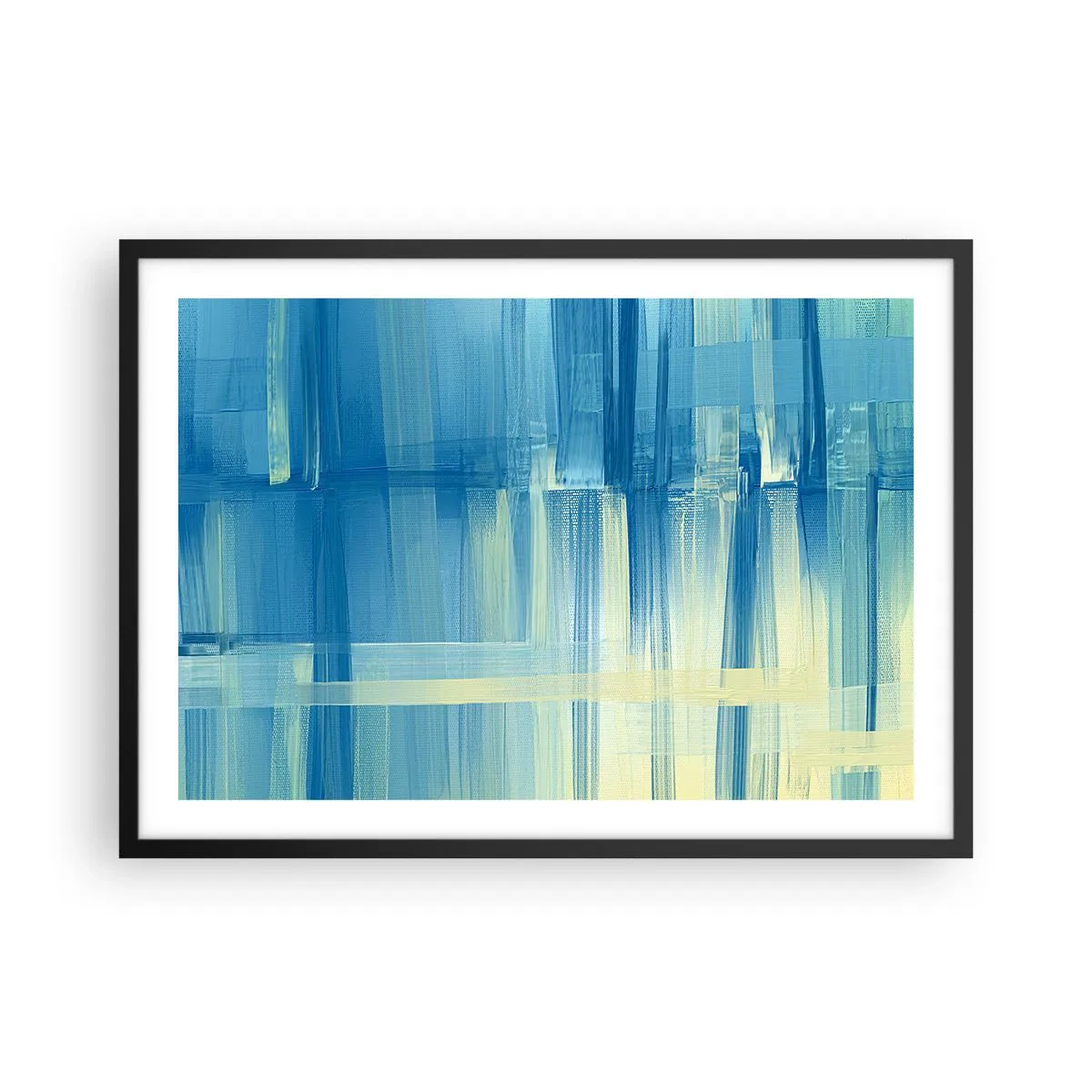 Plakat w czarnej ramie - Abstrakcyjny obraz w odcieniach turkusu i błękitu z geometrycznymi pociągnięciami pędzla - 70x50cm - Kompozycja w turkusie - Nowoczesna dekoracja ścienna do salonu i sypialni ARTTOR