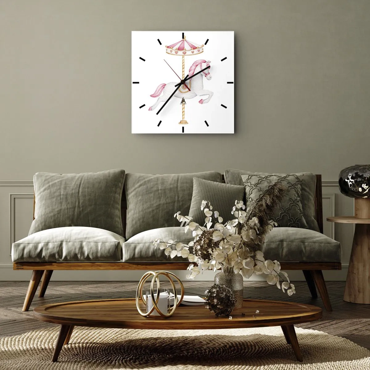Zegar ścienny - Koń z karuzeli w pastelowych odcieniach różu - 30x30cm - Ruszył z kopyta - Nowoczesna dekoracja ścienna do salonu i sypialni ARTTOR