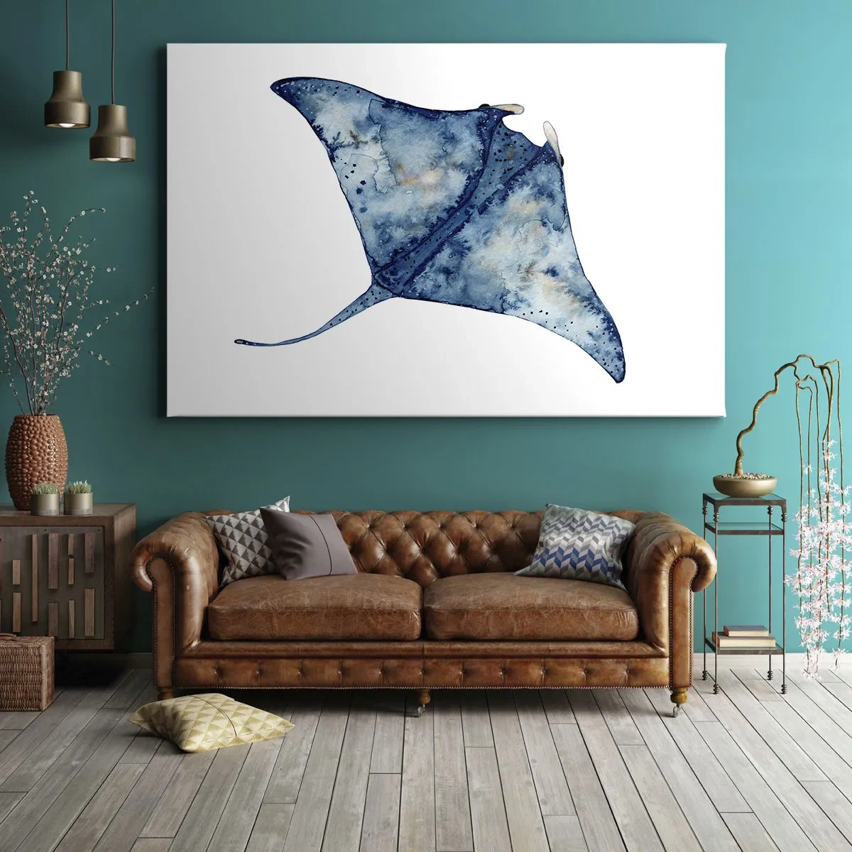 Obraz na płótnie - Niebieska płaszczka w akwarelowym stylu na białym tle - 70x50cm - Życie w błękicie - Nowoczesna dekoracja ścienna do salonu i sypialni ARTTOR