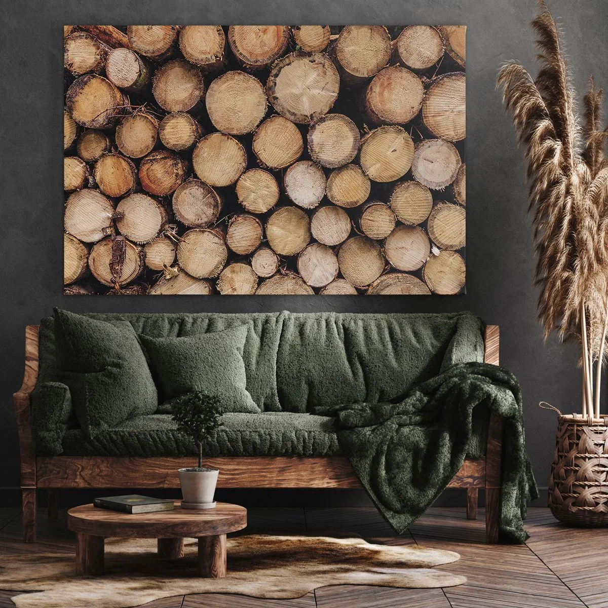 Obraz na płótnie - Stosy ściętych pni drzew ułożone w harmonii - 120x80cm - Nowy początek - Nowoczesna dekoracja ścienna do salonu, kuchni i sypialni ARTTOR