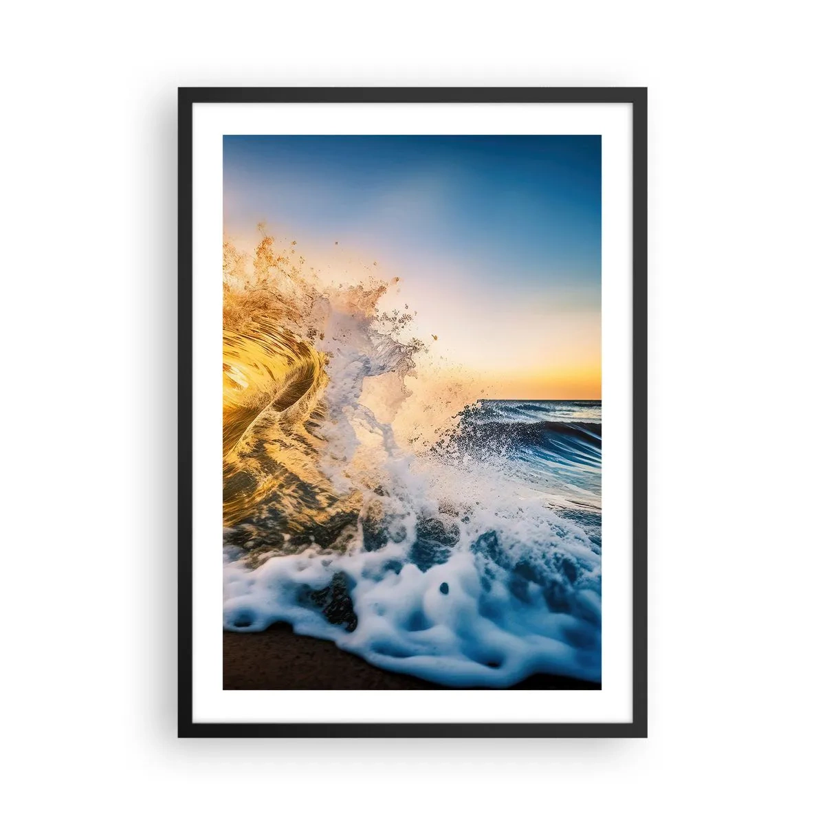 Plakat w czarnej ramie - Dynamiczna fala morska rozbijająca się o brzeg o zachodzie słońca - 50x70cm - Zabawa na piasku - Nowoczesna dekoracja ścienna do salonu i sypialni ARTTOR