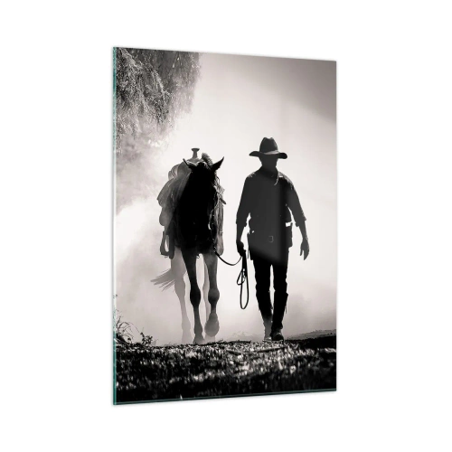 Obraz na szkle - Silhouette of a cowboy leading a horse through a misty landscape - 50x70cm - Teksański poranek - Nowoczesna dekoracja ścienna do salonu, kuchni i sypialni ARTTOR