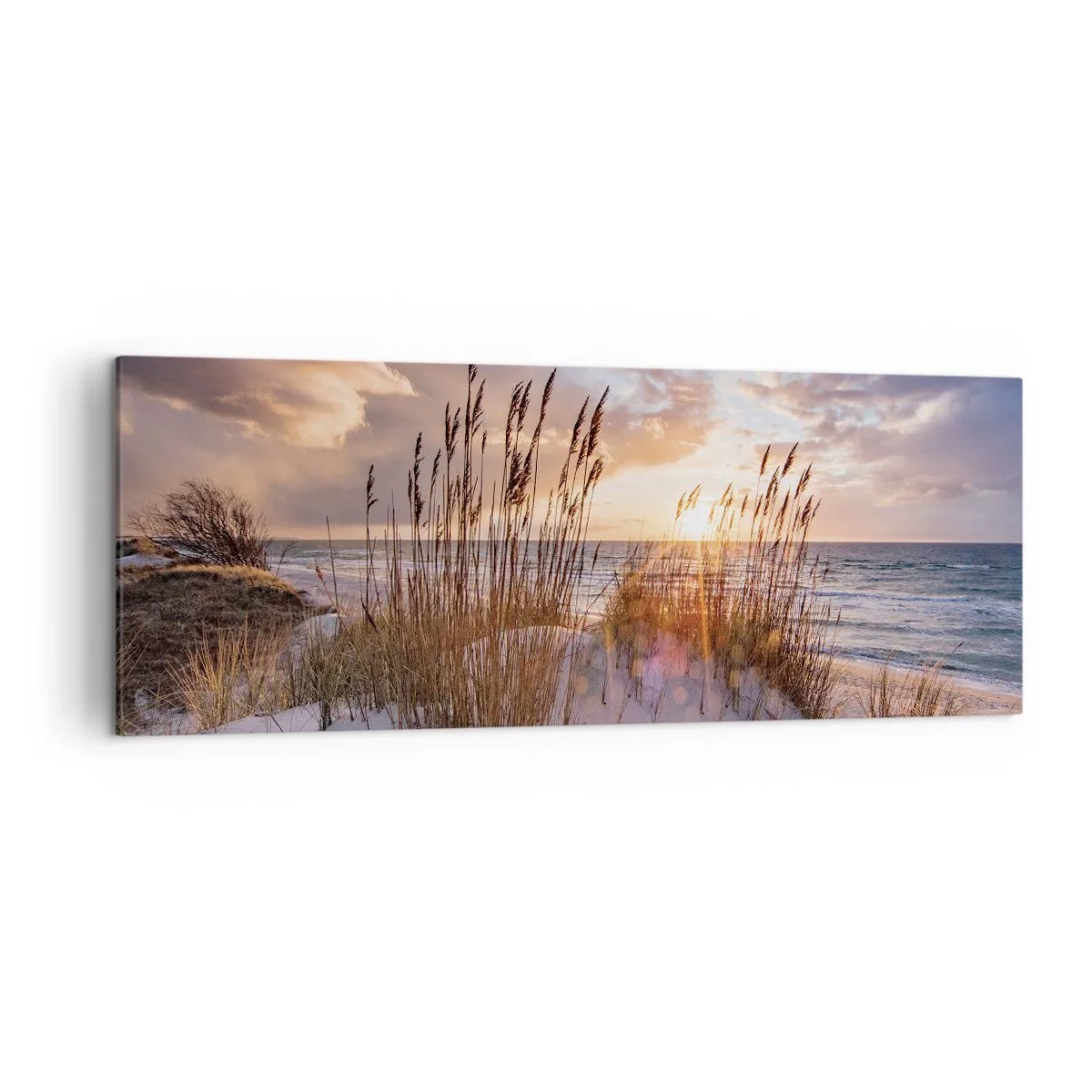 Obraz na płótnie - Wydmy z trawami na tle zachodzącego słońca - 140x50cm - Pożegnanie słońca i wiatru - Nowoczesna dekoracja ścienna do salonu i sypialni ARTTOR