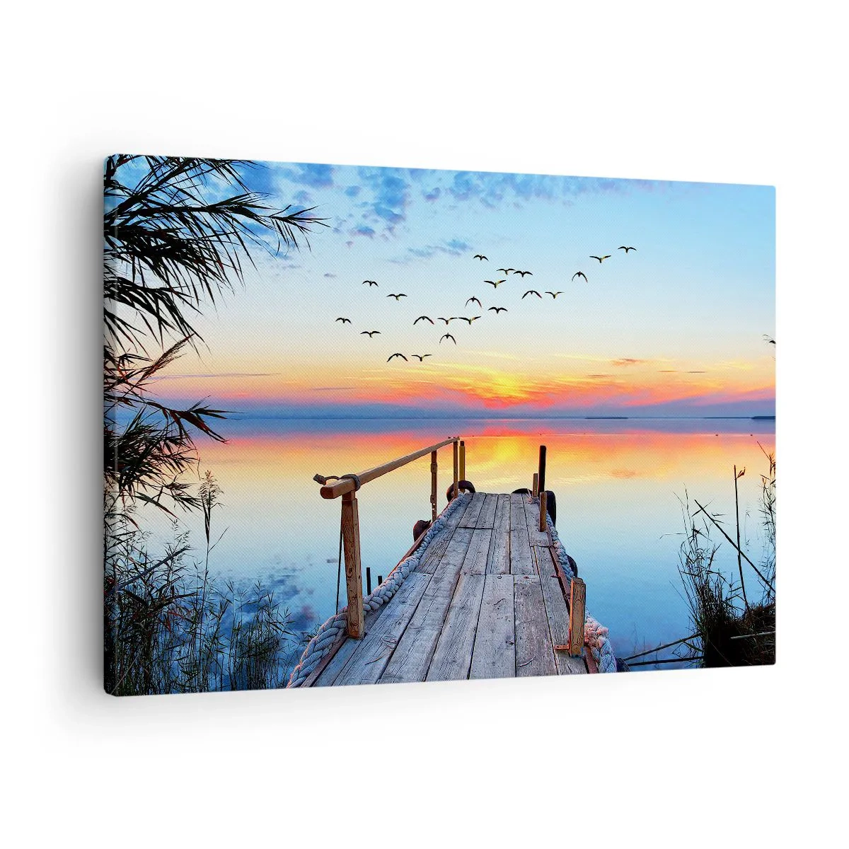 Obraz na płótnie - Drewniany pomost nad jeziorem o zachodzie słońca - 70x50cm - Pora wracać… - Nowoczesna dekoracja ścienna do salonu i sypialni ARTTOR