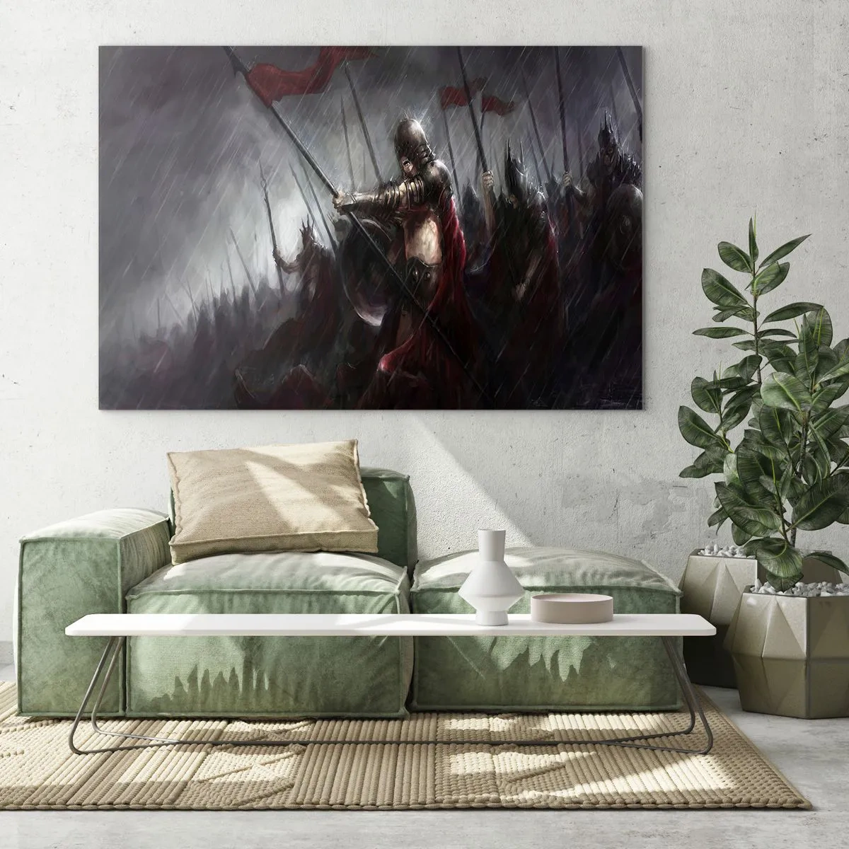 Obraz na szkle - Rycerze w deszczu na polu bitwy w pełnym rynsztunku - 70x50cm - Przechodniu, powiedz Sparcie… - Nowoczesna dekoracja ścienna do salonu i sypialni ARTTOR