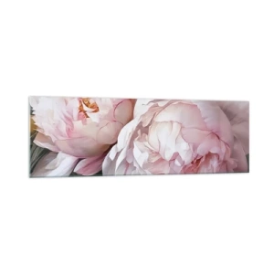 Obraz na szkle - Delikatne różowe piwonie w pełnym rozkwicie - 160x50cm - Zatrzymane w rozkwicie - Nowoczesna dekoracja ścienna do salonu i sypialni ARTTOR