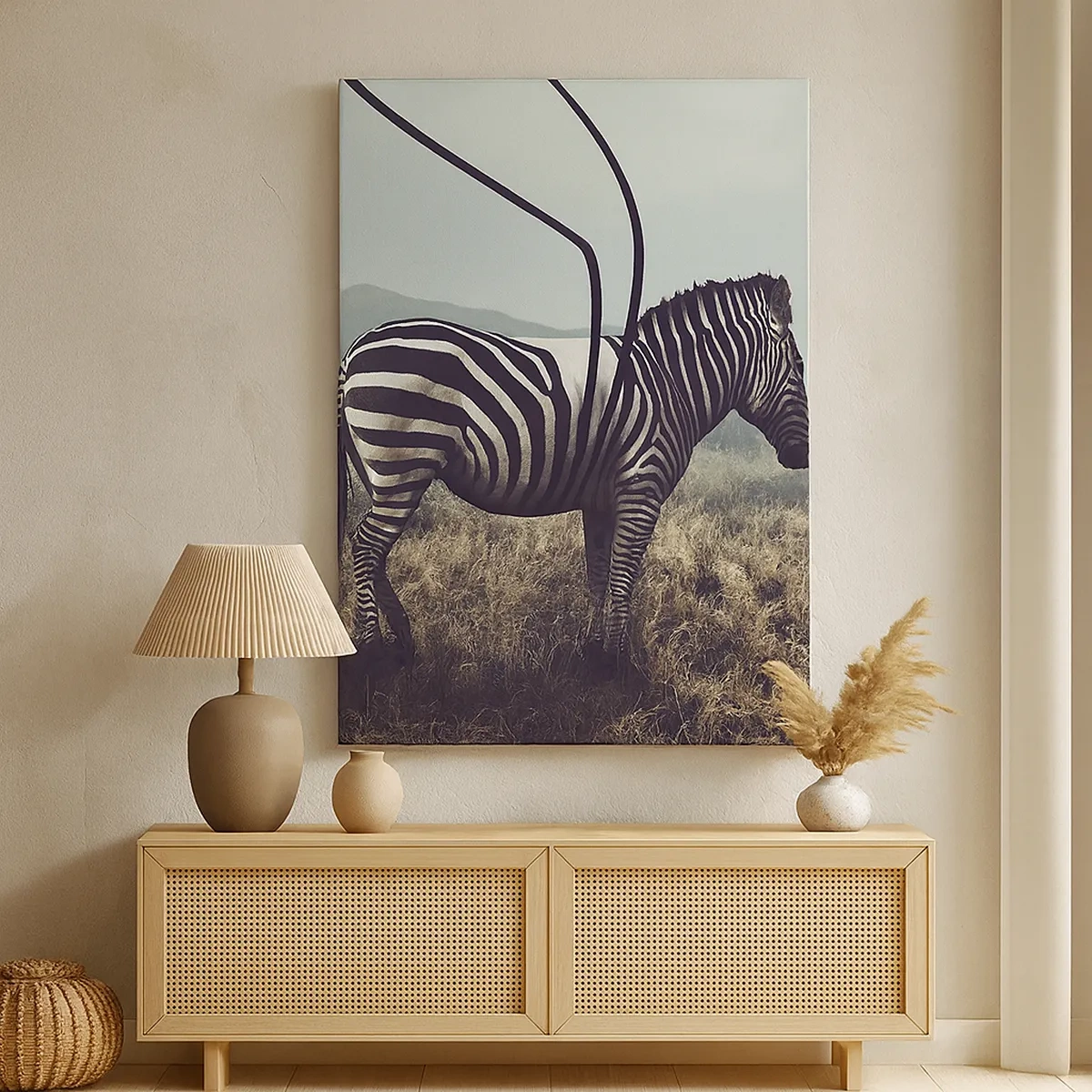 Obraz na płótnie - Surrealistyczna zebra z wydłużonymi czarnymi pasami na tle sawanny - 50x70cm - Uwaga! Usterka - Nowoczesna dekoracja ścienna do salonu, kuchni i sypialni ARTTOR