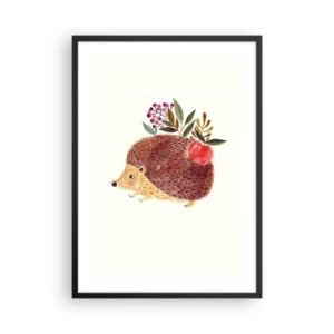 Plakat w czarnej ramie - Uroczy jeż z jabłkiem i gałązkami na jasnym tle - 50x70cm - I już mnie lubisz - Nowoczesna dekoracja ścienna do salonu i sypialni ARTTOR