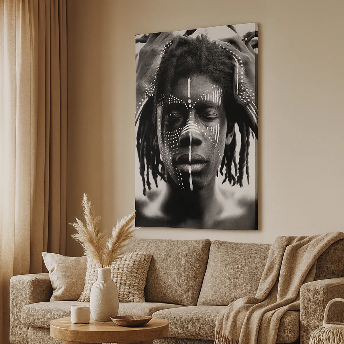 Obraz na płótnie - Portret mężczyzny z zamkniętymi oczami i białymi malunkami na twarzy - 50x70cm - Gdzie jesteś? - Nowoczesna dekoracja ścienna do salonu, kuchni i sypialni ARTTOR