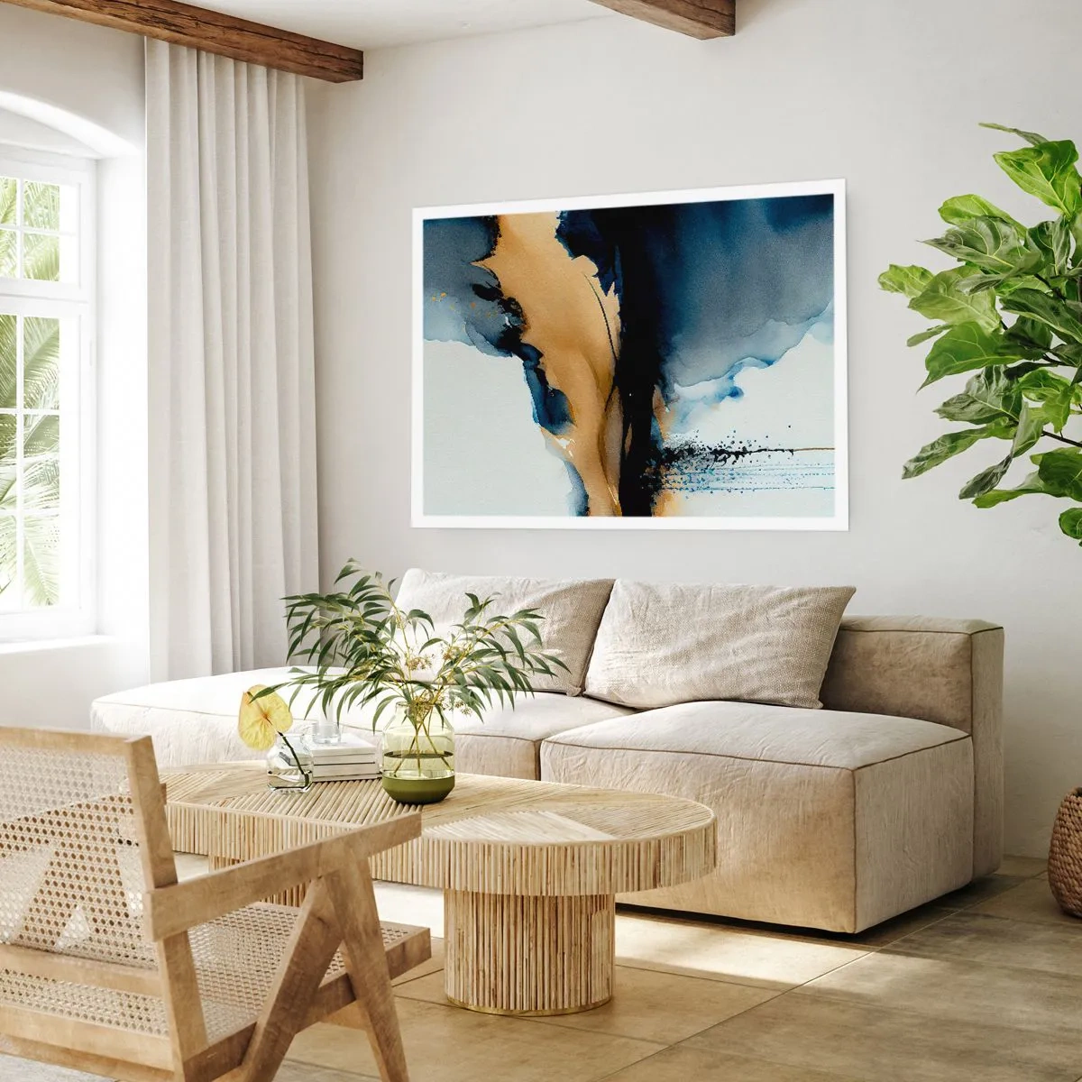 Plakat - Abstrakcyjna kompozycja w odcieniach granatu i złota - 100x70cm - Za zasłoną - Nowoczesna dekoracja ścienna do salonu i sypialni ARTTOR