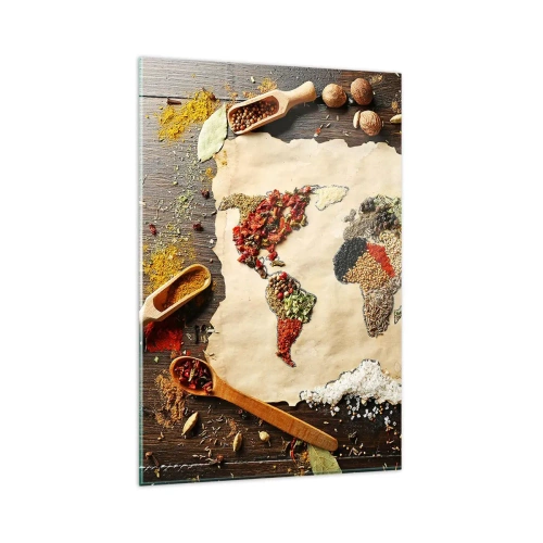 Obraz na szkle - Mapa świata wykonana z przypraw na drewnianym tle - 80x120cm - Wszystkie smaki świata - Nowoczesna dekoracja ścienna do salonu i sypialni ARTTOR