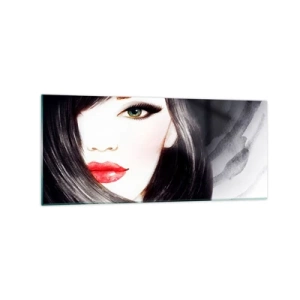 Obraz na szkle - Portret kobiety z wyrazistym spojrzeniem i czerwonymi ustami - 120x50cm - Szafirowe spojrzenie - Nowoczesna dekoracja ścienna do salonu i sypialni ARTTOR