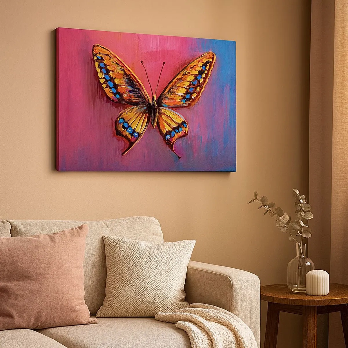 Obraz na płótnie - Kolorowy motyl na abstrakcyjnym tle - 70x50cm - Klejnot natury - Nowoczesna dekoracja ścienna do salonu i sypialni ARTTOR