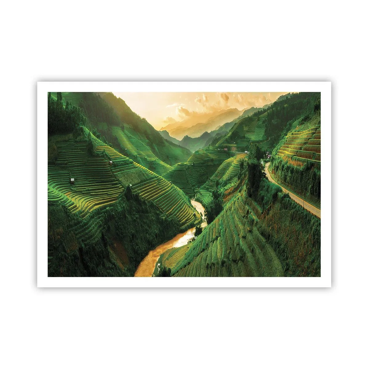 Plakat - Malownicze tarasy ryżowe w zielonej dolinie oświetlone zachodzącym słońcem - 100x70cm - Wietnamska dolina - Nowoczesna dekoracja ścienna do salonu i sypialni ARTTOR